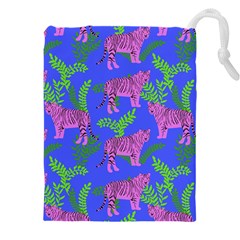 Pink Tigers On A Blue Background Drawstring Pouch (4xl) by SychEva