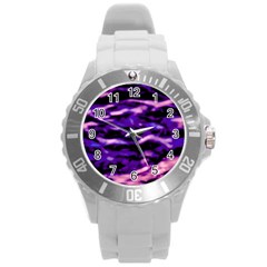 Purple  Waves Abstract Series No1 Round Plastic Sport Watch (l) by DimitriosArt