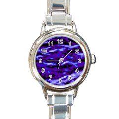 Purple  Waves Abstract Series No2 Round Italian Charm Watch by DimitriosArt