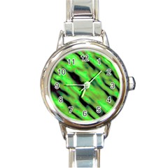 Green  Waves Abstract Series No7 Round Italian Charm Watch by DimitriosArt