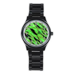 Green  Waves Abstract Series No7 Stainless Steel Round Watch by DimitriosArt