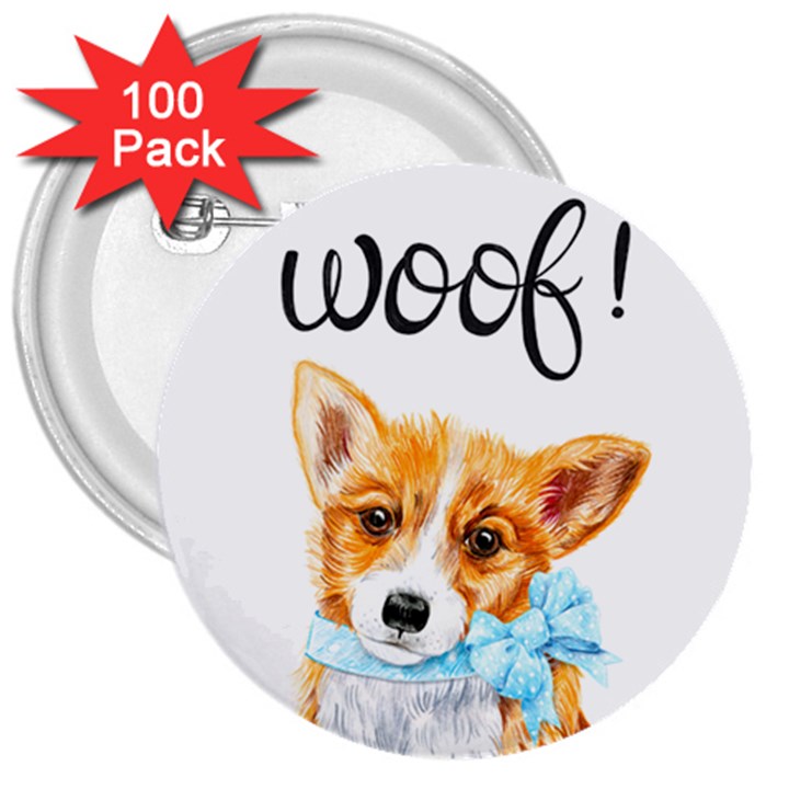 Welsh Corgi Pembrock with a blue bow 3  Buttons (100 pack) 