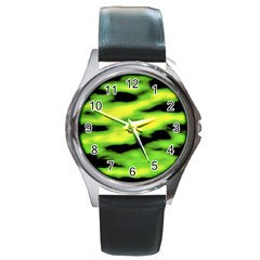 Green  Waves Abstract Series No12 Round Metal Watch by DimitriosArt