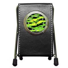 Green  Waves Abstract Series No12 Pen Holder Desk Clock by DimitriosArt