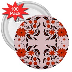 Floral Folk Damask Pattern  3  Buttons (100 Pack)  by Eskimos