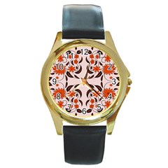 Floral Folk Damask Pattern  Round Gold Metal Watch by Eskimos