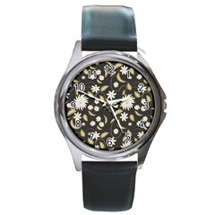 Folk Flowers Print Floral Pattern Ethnic Art Round Metal Watch by Eskimos