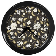 Folk Flowers Print Floral Pattern Ethnic Art Wall Clock (black) by Eskimos