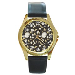 Folk Flowers Print Floral Pattern Ethnic Art Round Gold Metal Watch by Eskimos