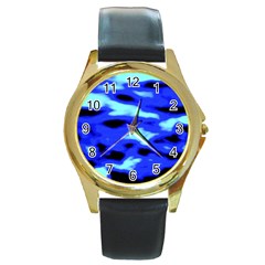 Blue Waves Abstract Series No11 Round Gold Metal Watch by DimitriosArt