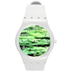 Green  Waves Abstract Series No13 Round Plastic Sport Watch (m) by DimitriosArt