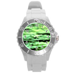 Green  Waves Abstract Series No13 Round Plastic Sport Watch (l) by DimitriosArt