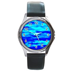 Blue Waves Abstract Series No12 Round Metal Watch by DimitriosArt