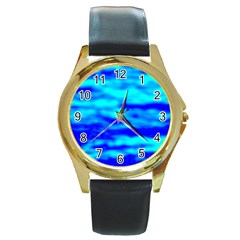 Blue Waves Abstract Series No12 Round Gold Metal Watch by DimitriosArt