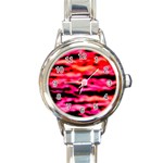 Red  Waves Abstract Series No15 Round Italian Charm Watch Front