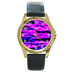 Purple  Waves Abstract Series No6 Round Gold Metal Watch by DimitriosArt