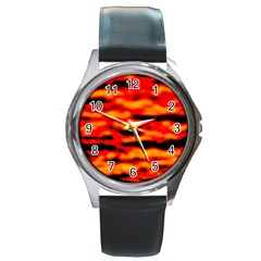 Red  Waves Abstract Series No17 Round Metal Watch by DimitriosArt