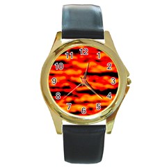 Red  Waves Abstract Series No17 Round Gold Metal Watch by DimitriosArt