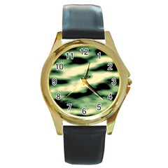 Green  Waves Abstract Series No14 Round Gold Metal Watch by DimitriosArt