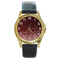 Red Gradient Butterflies Pattern, Nature Theme Round Gold Metal Watch by Casemiro