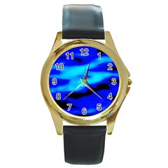 Blue Waves Abstract Series No13 Round Gold Metal Watch by DimitriosArt