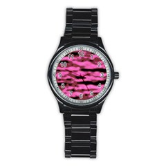 Pink  Waves Abstract Series No1 Stainless Steel Round Watch by DimitriosArt