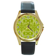 Floral Folk Damask Pattern  Round Gold Metal Watch by Eskimos