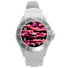 Pink  Waves Abstract Series No2 Round Plastic Sport Watch (l) by DimitriosArt