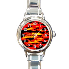 Red  Waves Abstract Series No17 Round Italian Charm Watch by DimitriosArt