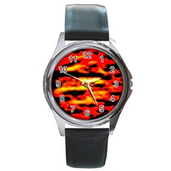 Red  Waves Abstract Series No17 Round Metal Watch by DimitriosArt