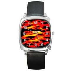 Red  Waves Abstract Series No17 Square Metal Watch by DimitriosArt