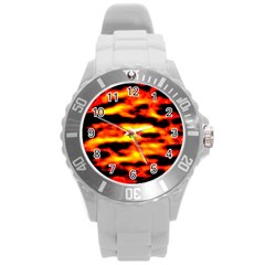 Red  Waves Abstract Series No18 Round Plastic Sport Watch (l) by DimitriosArt