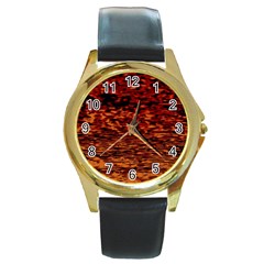 Red Waves Flow Series 2 Round Gold Metal Watch by DimitriosArt