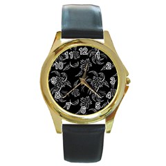 Folk Flowers Print Floral Pattern Ethnic Art Round Gold Metal Watch by Eskimos