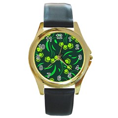 Folk Flowers Print Floral Pattern Ethnic Art Round Gold Metal Watch by Eskimos