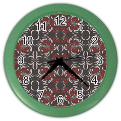 Floral Folk Damask Pattern Fantasy Flowers Floral Geometric Fantasy Color Wall Clock by Eskimos