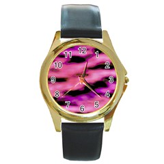 Pink  Waves Flow Series 2 Round Gold Metal Watch by DimitriosArt