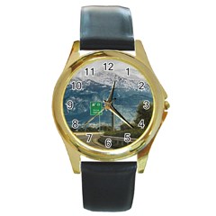 Landscape Highway Scene, Patras, Greece Round Gold Metal Watch by dflcprintsclothing