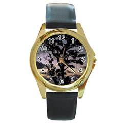 Sunset Coastal Park Landscape, Montevideo Uruguay Round Gold Metal Watch by dflcprintsclothing