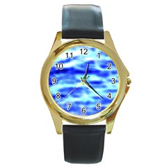 Blue Waves Flow Series 5 Round Gold Metal Watch by DimitriosArt