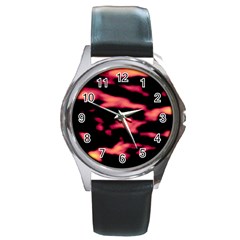 Red Waves Flow Series 5 Round Metal Watch by DimitriosArt