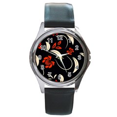 Folk Flowers Print Floral Pattern Ethnic Art Round Metal Watch by Eskimos