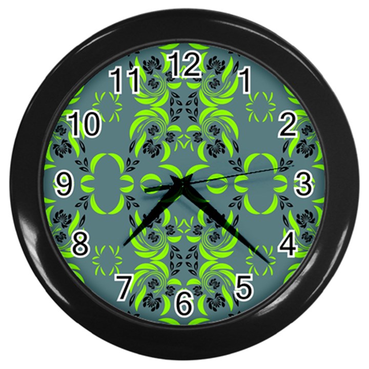 Floral folk damask pattern  Wall Clock (Black)