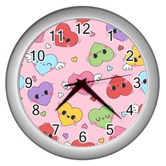 Kawaii Hearts Pattern Wall Clock (silver)