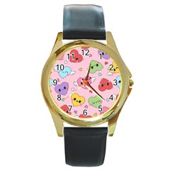 Kawaii Hearts Pattern Round Gold Metal Watch by lisamaisak