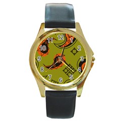 Floral Pattern Paisley Style Paisley Print  Doodle Background Round Gold Metal Watch by Eskimos