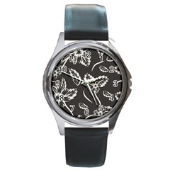 Folk Flowers Print Floral Pattern Ethnic Art Round Metal Watch by Eskimos