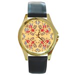 Floral folk damask pattern Fantasy flowers Floral geometric fantasy Round Gold Metal Watch Front