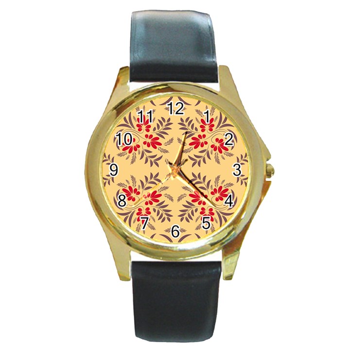 Floral folk damask pattern Fantasy flowers Floral geometric fantasy Round Gold Metal Watch