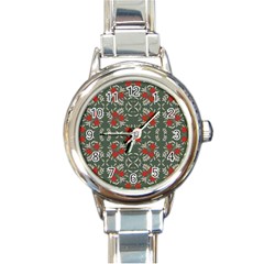 Floral Folk Damask Pattern Fantasy Flowers Floral Geometric Fantasy Round Italian Charm Watch by Eskimos